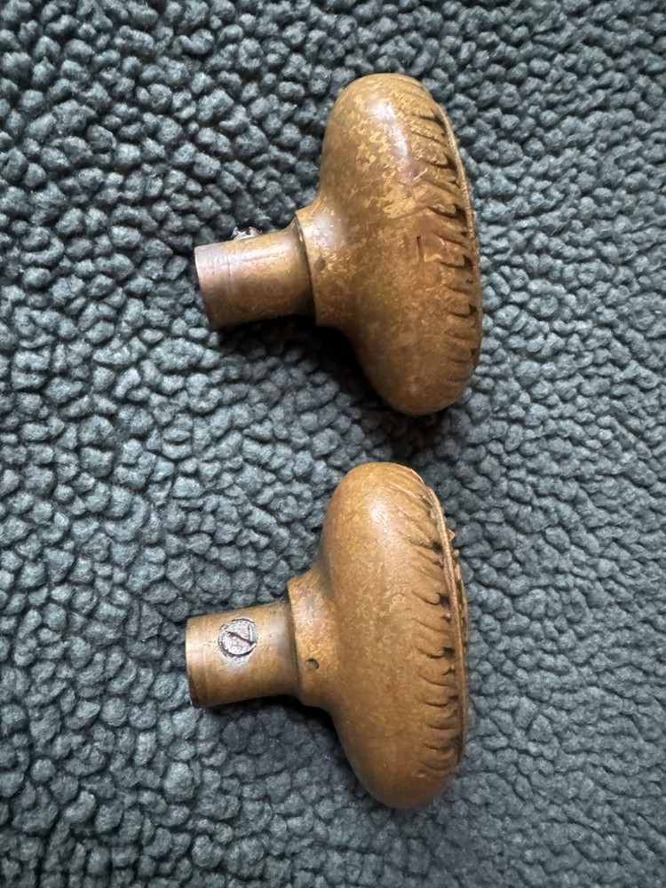 Antique Victorian Brass Oval Door Knobs Shield & Belt Garter Design