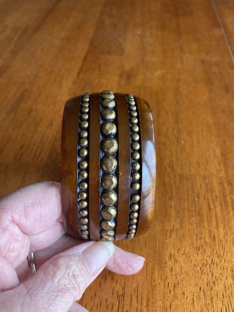 Vintage Brass Studded Rootbeer Bakelite Chunky Bangle Not Tested