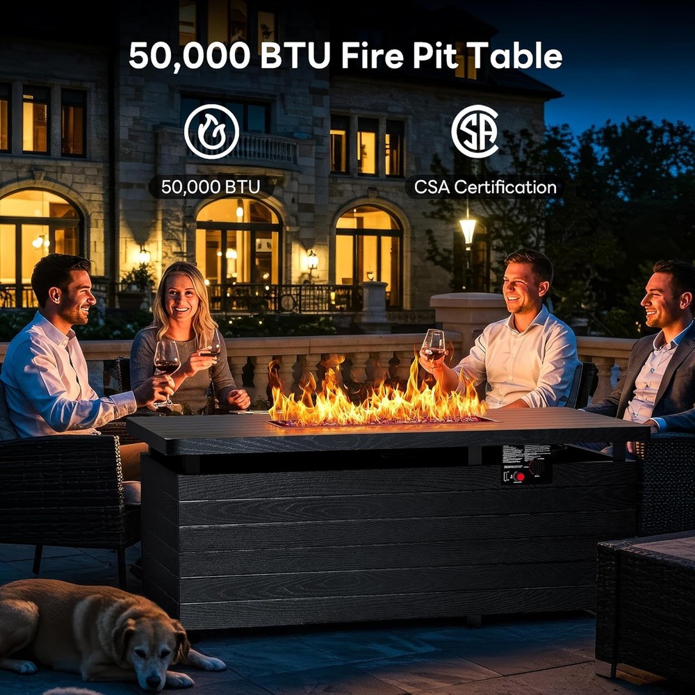 51” Outdoor Propane Fire Pit Table, 50,000 BTU Rectangular Gas Fire Pit with Lid