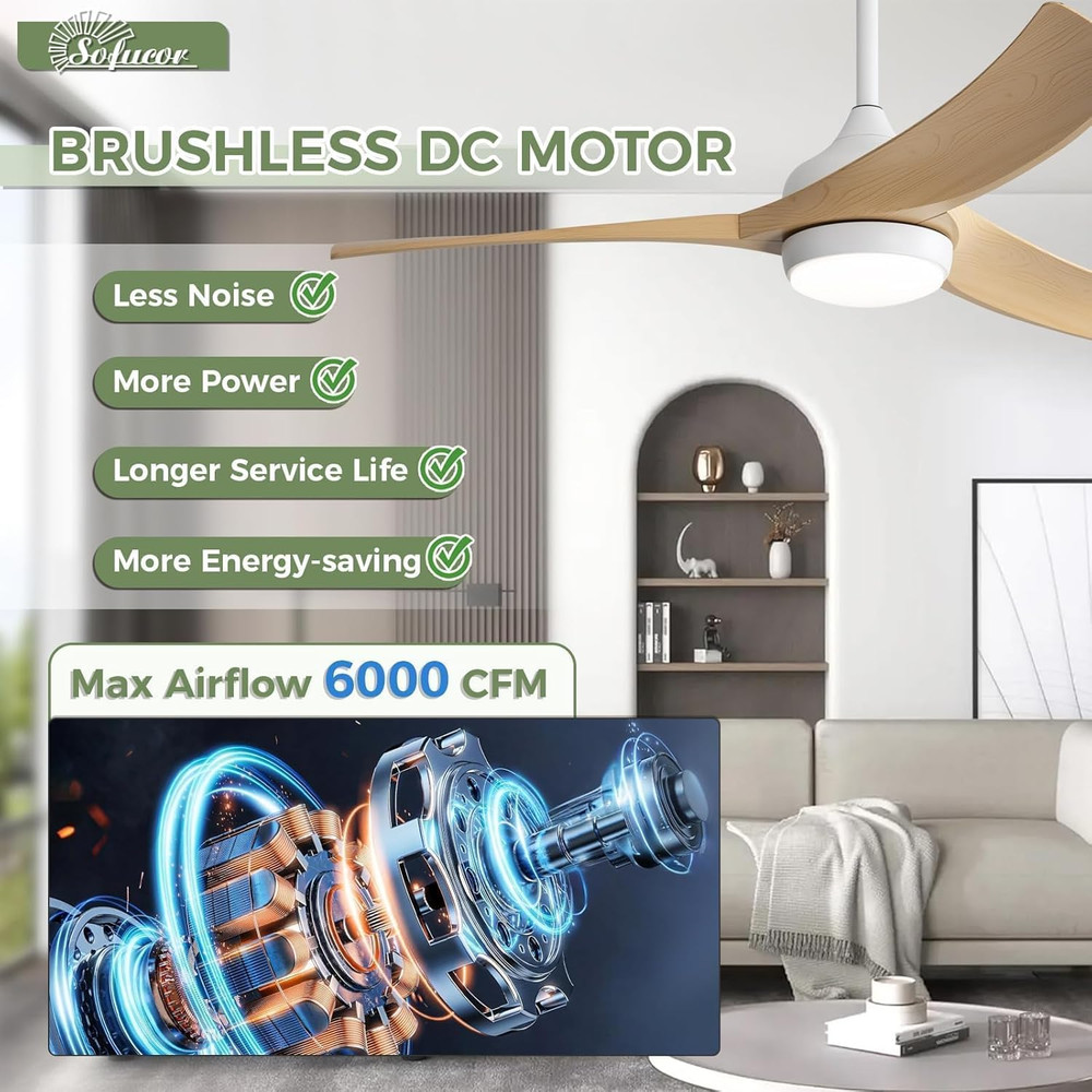 52" Modern Ceiling Fan with Lights & Remote, 6000CFM, Dimmable, Reversible
