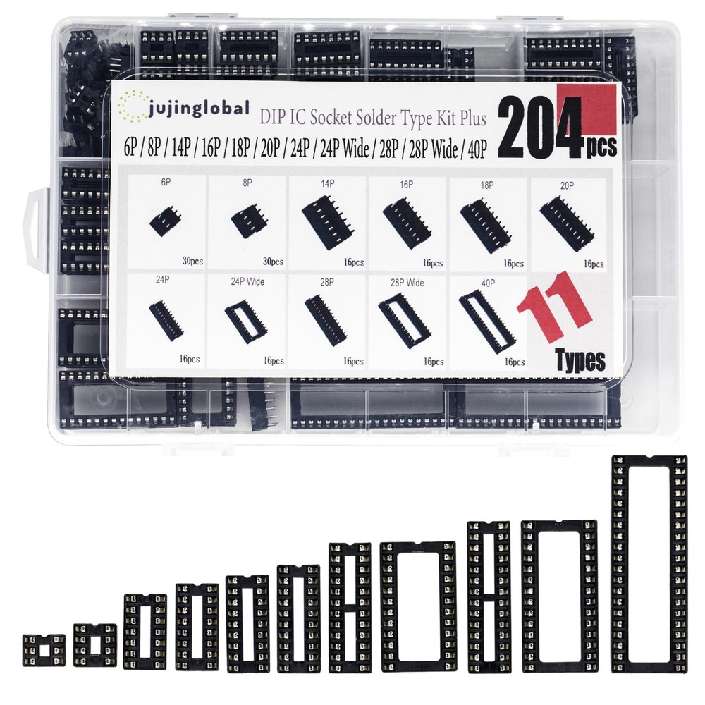 204pcs 11 Types DIP IC Socket Kit 2.54mm (204pcs/11Types)
