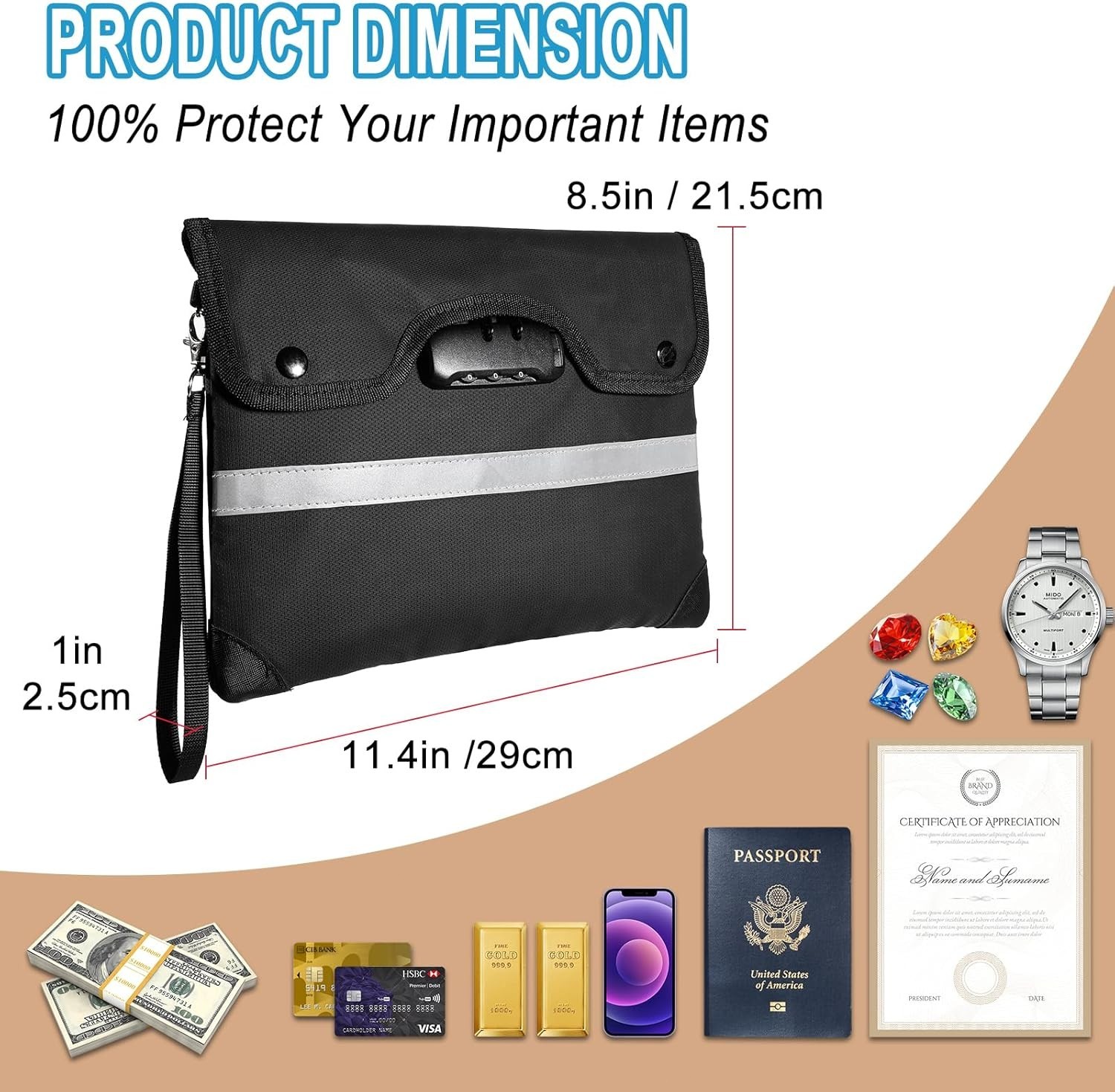 Fireproof Document Bag 38x31cm 6200°F Heat/Waterproof Safe Storage Bag with Lock