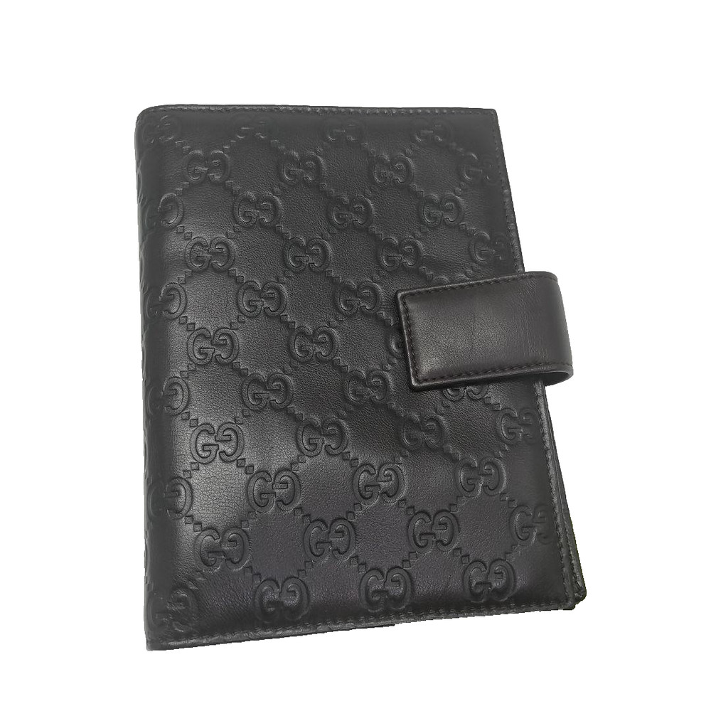 GUCCI GG Pattern Notebook Cover Leather Dark Brown x Silver Hardware Authentic