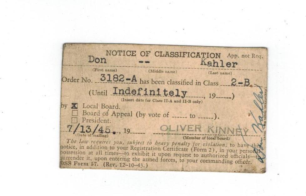 Draft Classification Card 1945 - Classified 2-b deferred Ocupation