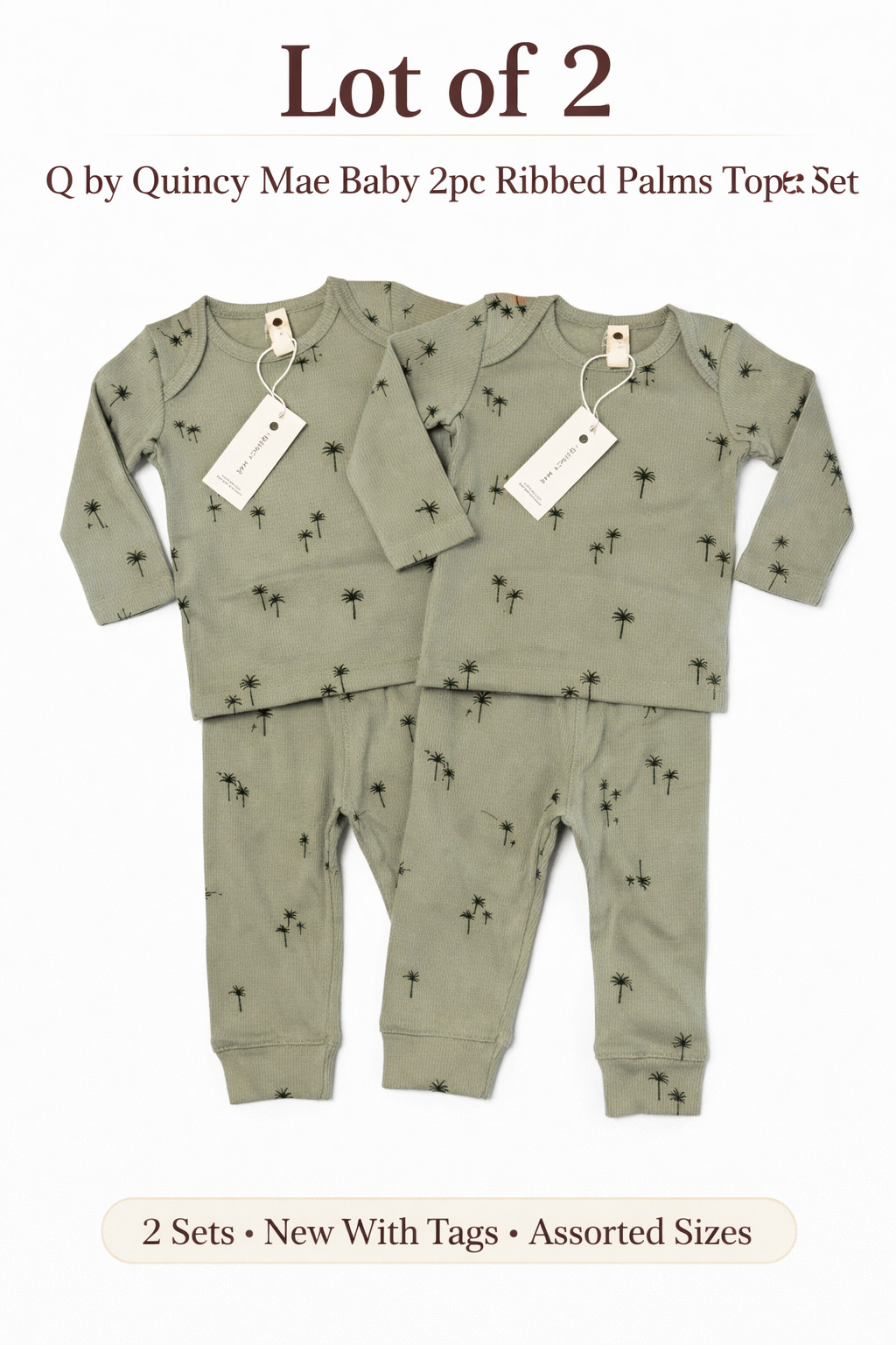 Lot of 2 Q by Quincy Mae Baby 2pc Ribbed Palms Top & Bottom Set Sage Green New