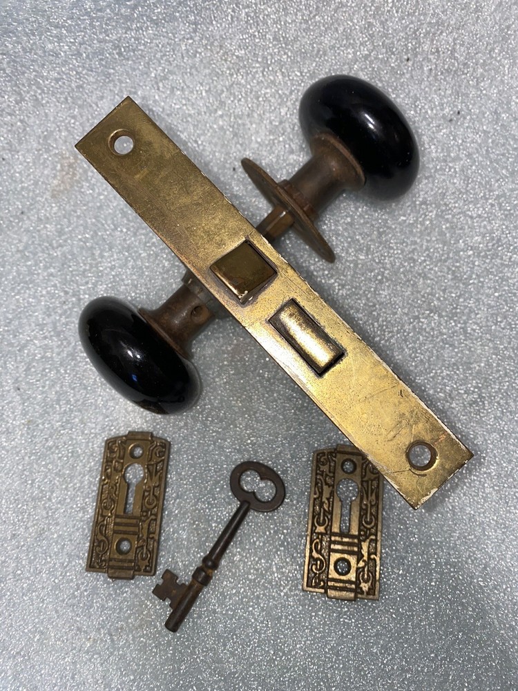 Antique Mortise, 2 Knobs & 2 Cast Iron Rosettes, 2 keyhole Covers