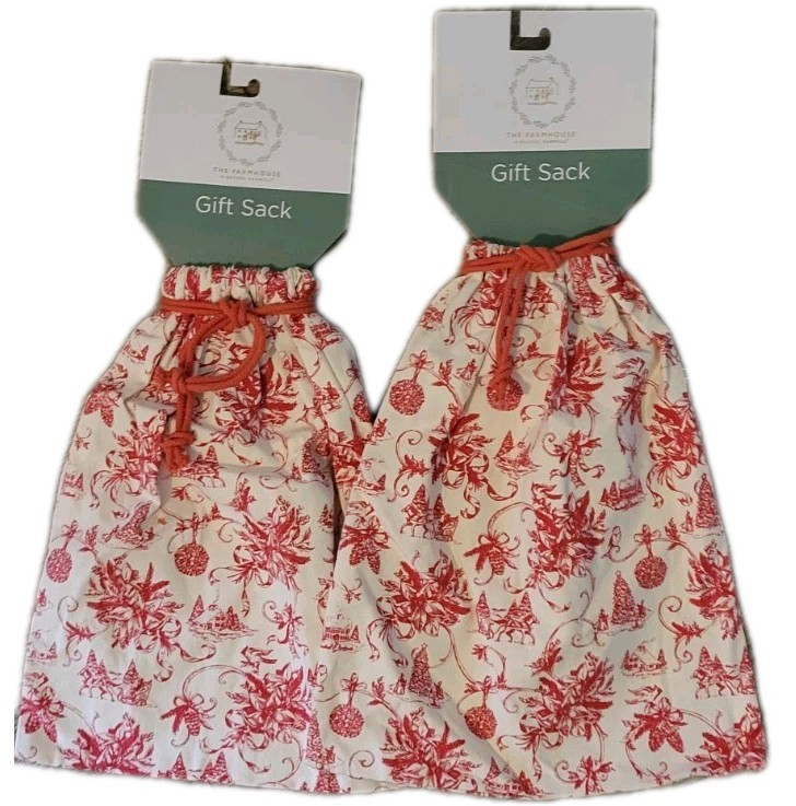 The Farmhouse By Rachel Ashwell Red Toile Christmas Cloth Gift Sacks 2 Large