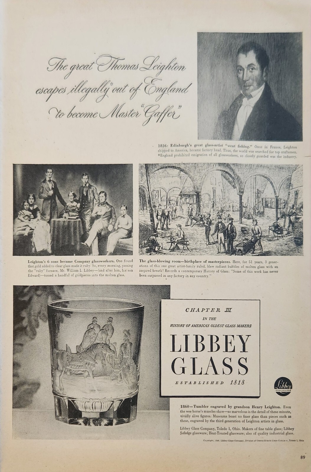 1946 Libbey Glass Vintage Ad Thomas Leighton escapes illegally our of England