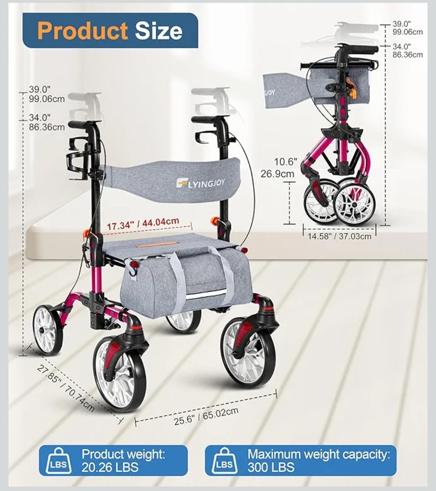 Lightweight Rollator, Foldable Rolling Walker with 4 And Breaks