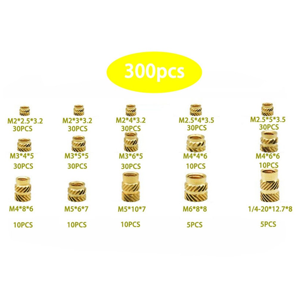 300Pcs M2-M6 Thread Knurled Brass Threaded Insert Embedment Nut Kit+Plastic Box