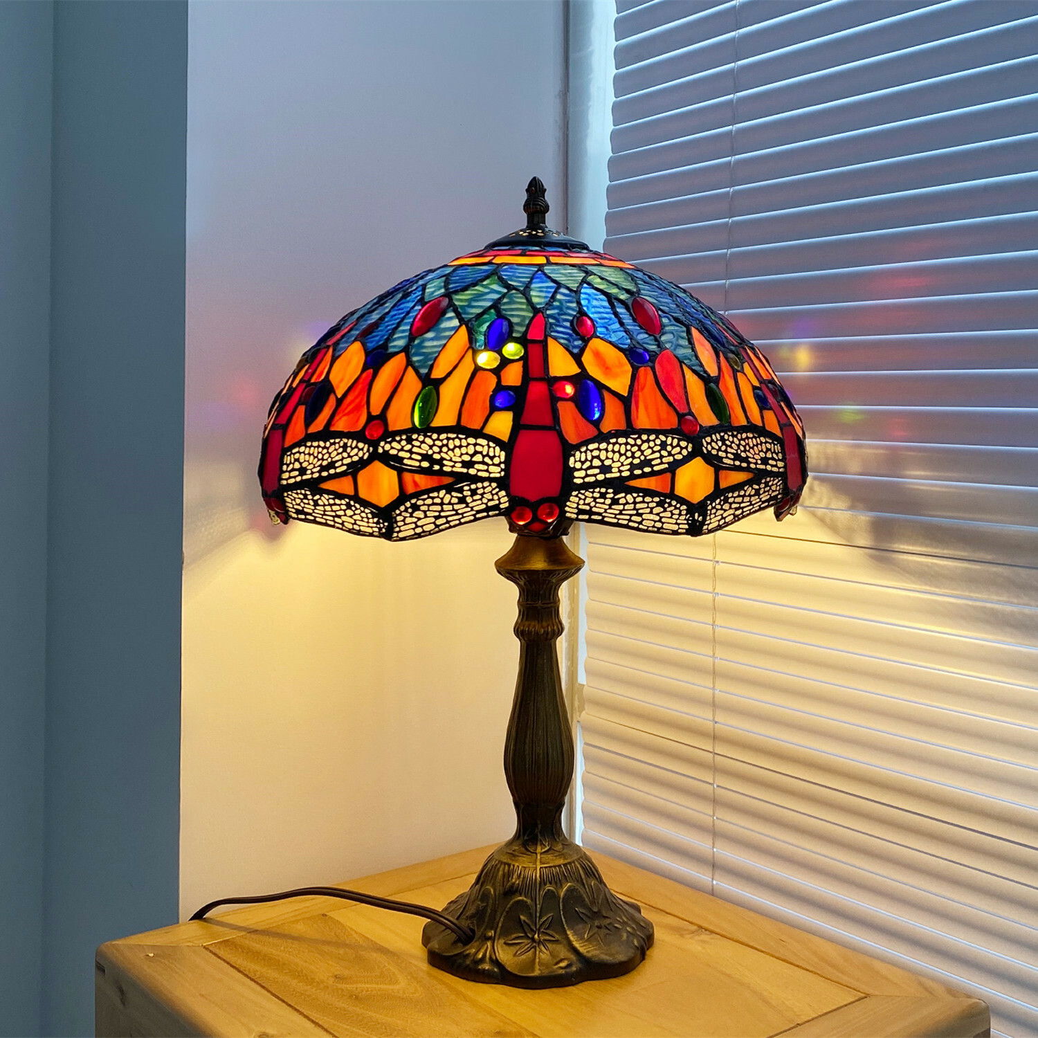 Beautiful Tiffany Table Lamp Red Dragonfly Style Stained Glass Home Decor 18"