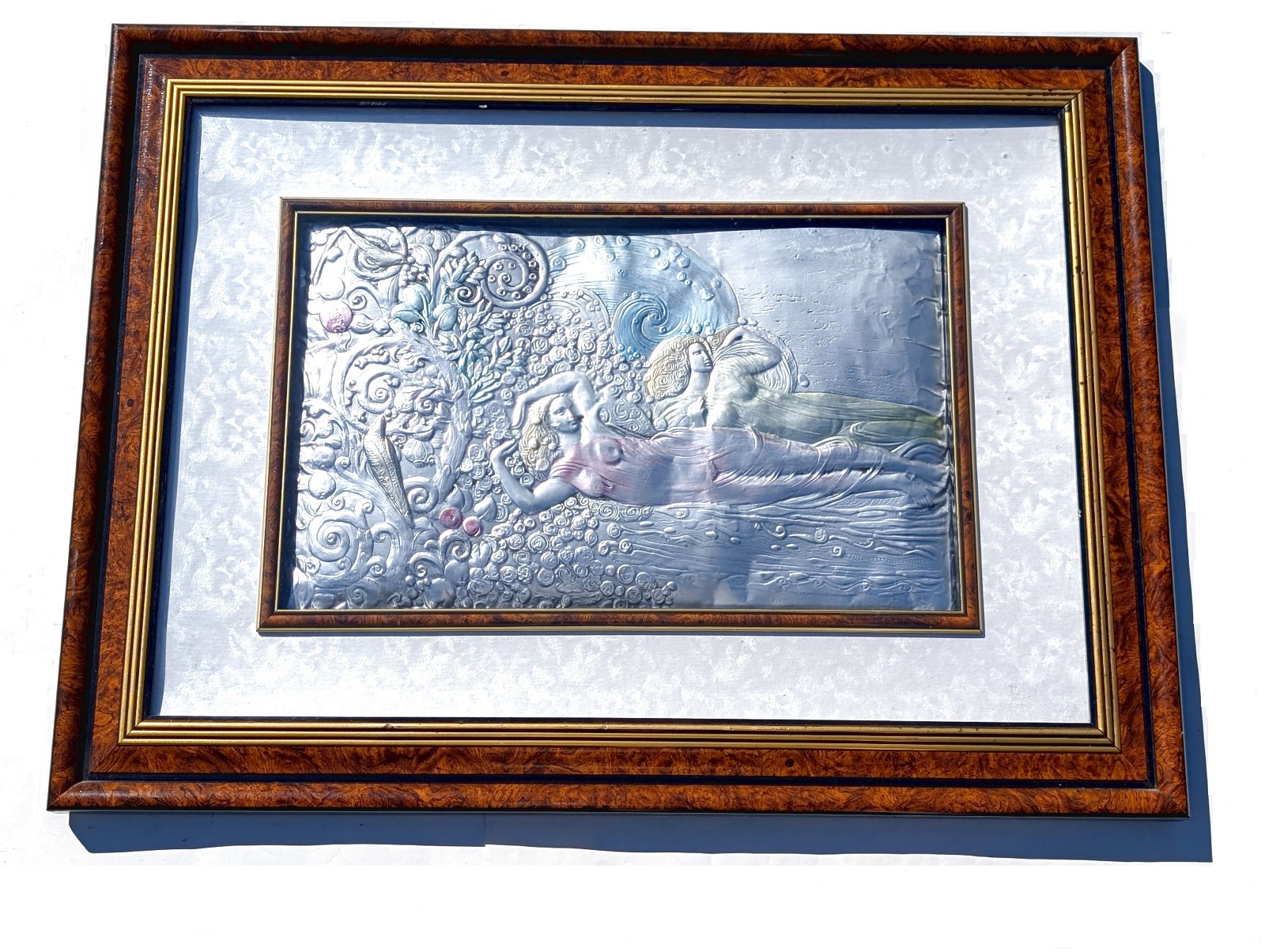 Large Vtg Art Nouveau Sterling Silver Argento Italy Colored Framed Art Plaque