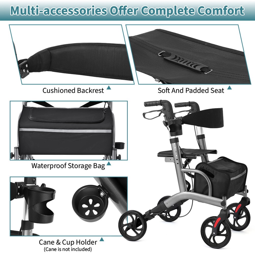 Foldable Rollator Walker with Seat for Seniors, 4x Wheels, Foldable,Adjustable