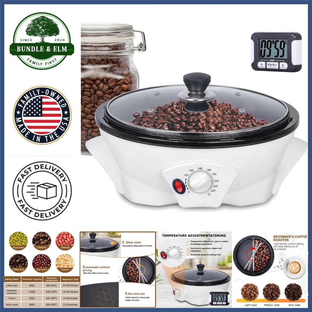 Electric Coffee Bean Roaster with Adjustable Temperature and Timer for Home Use