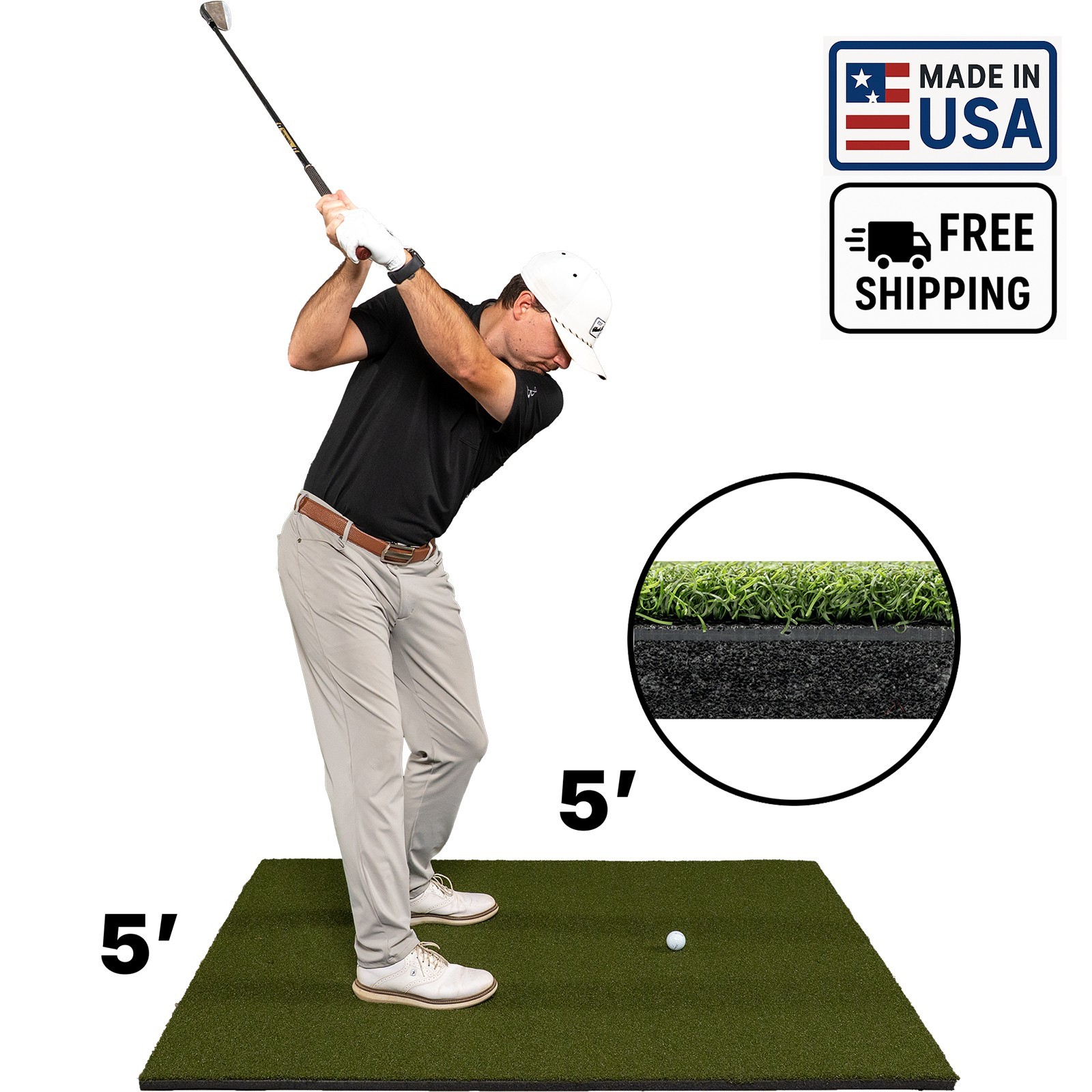 USA-Made 5'x5' Fairway Shock-Absorbent Golf Mat - Won't Stain Clubs - 1" Thick