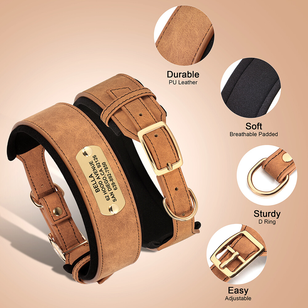 Wide Leather Dog Collar Personalized Nameplate Soft Padded for Large Dogs M-XL