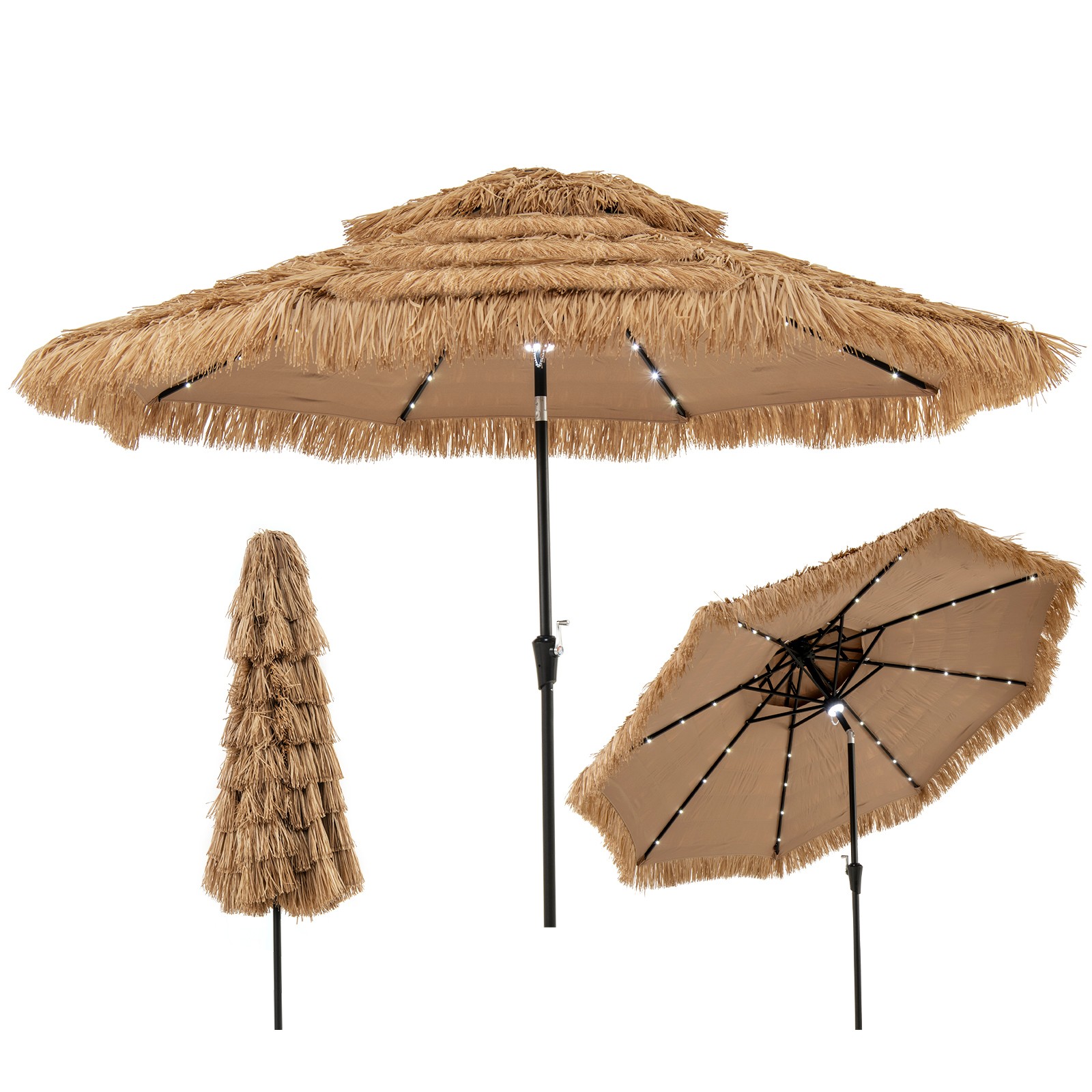 10 ft Solar Lighted Thatched Tiki Patio Umbrella Beach 2 Tier Hawaiian