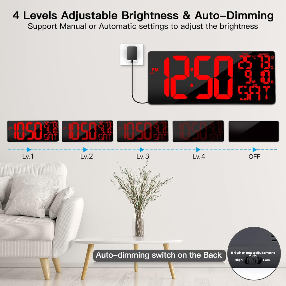 [Oversized] 18" Large Digital Wall Clock with Remote Control, Auto-Dimming Digit