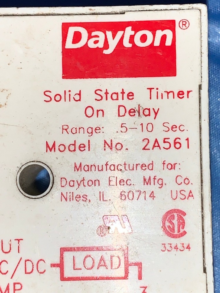 DAYTON SOLID STATE TIMER, ON DELAY, 2A561, .5-10 SEC., 24-240 VAC, 2 PIN