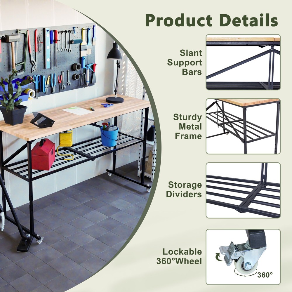 68.5" Foldable Hardwood Workbench Adjustable Solid Wood Top Workbench w/ Wheels