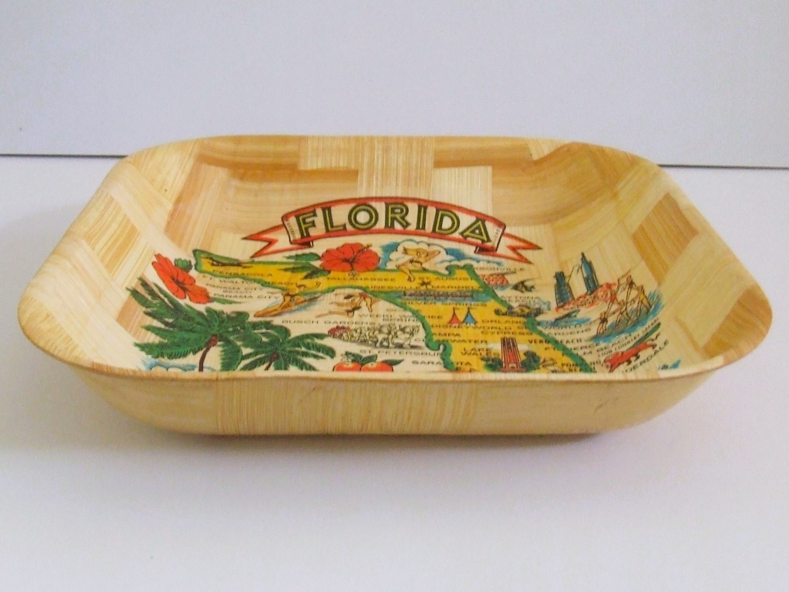Carrib Novelty Florida State Map Square 11" Bamboo Bowl Retro Inspired Souvenir