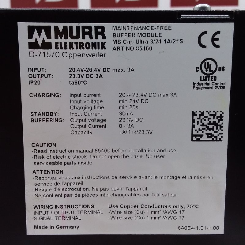 85460 | Murr Elektronic | Buffer Module, 20.4-26.4VDC, 3A, Used
