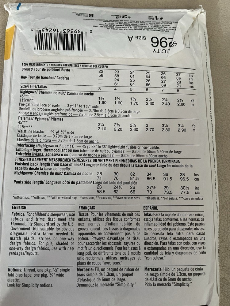 Simplicity # 9296 Sewing Patterns. Child’s PJ’s Size 3-8