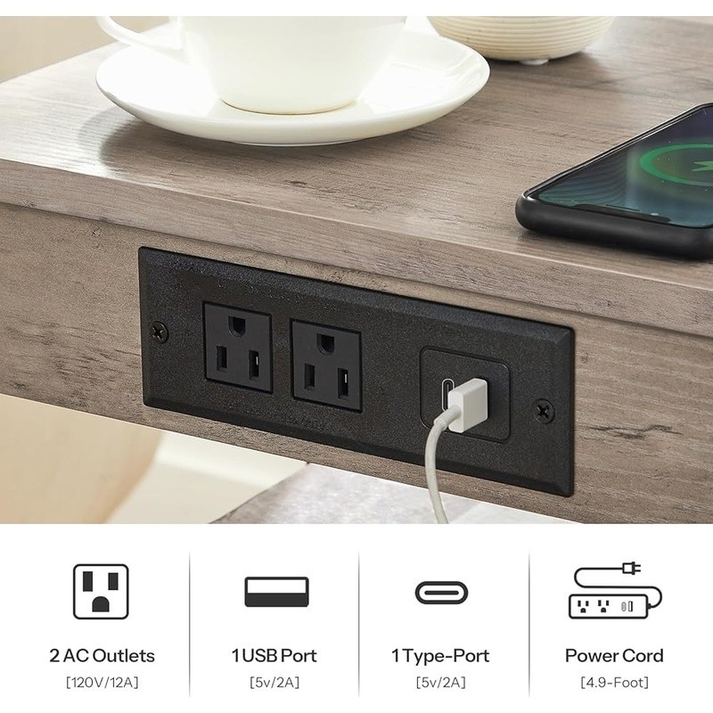 Multifunctional Side Table W/ Outlets USB Ports Adjustable Shelves Storage