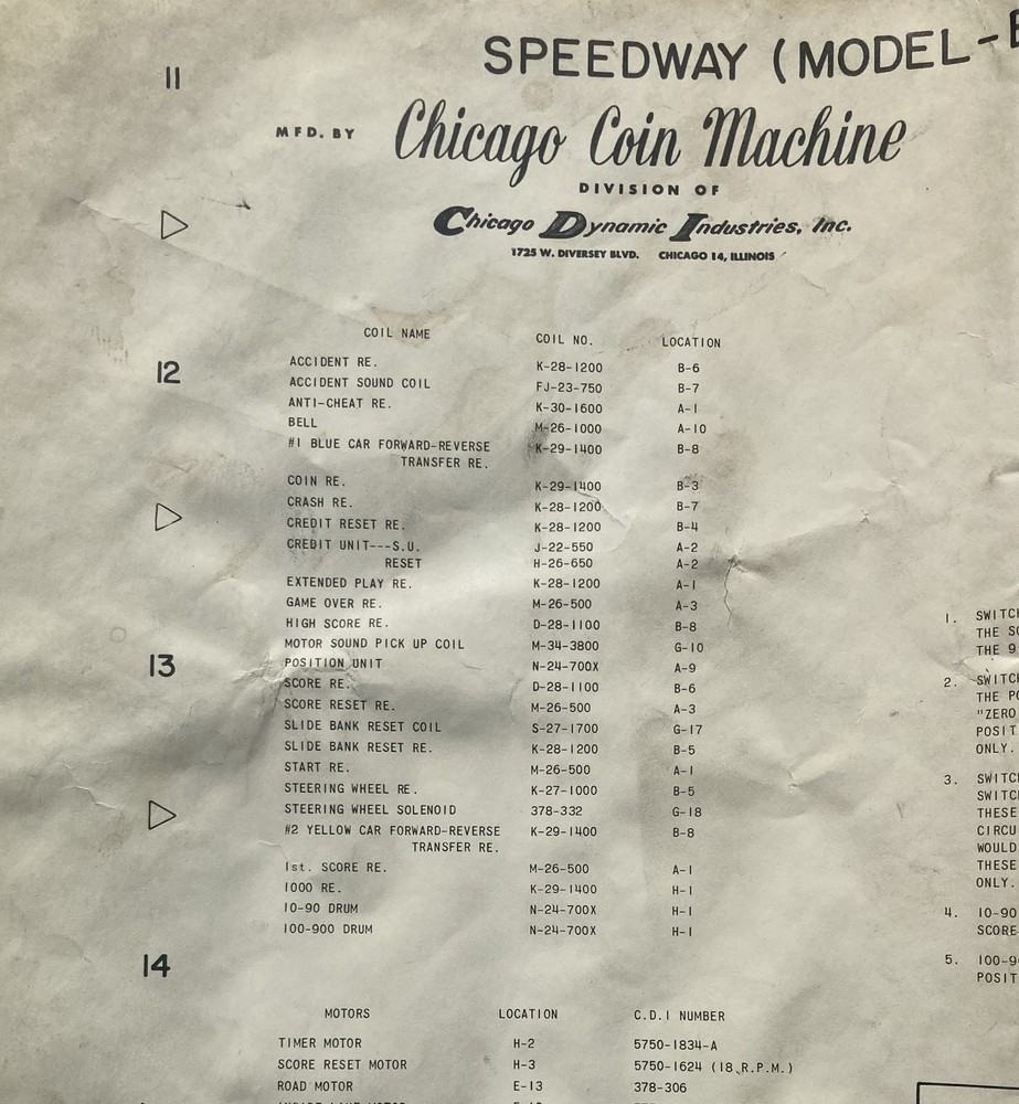 Chicago Coin Speedway Arcade Game Schematic