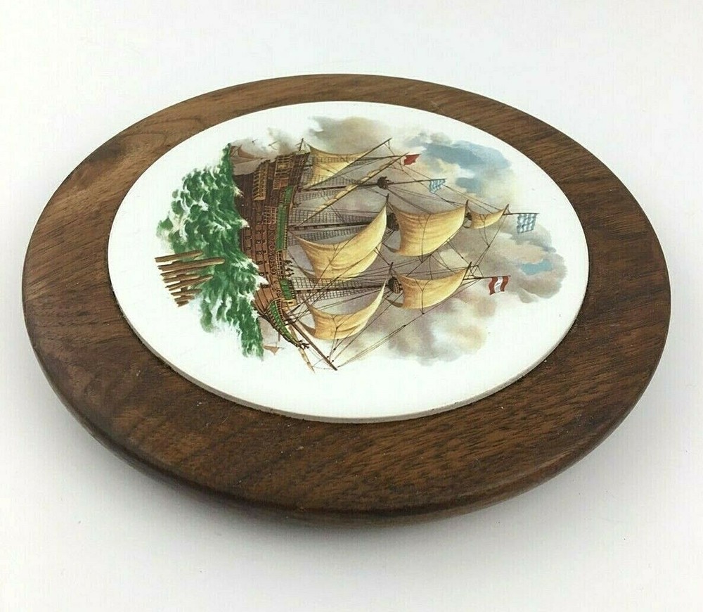 Wood Framed Ceramic Ship Sailing Boat Trivet
