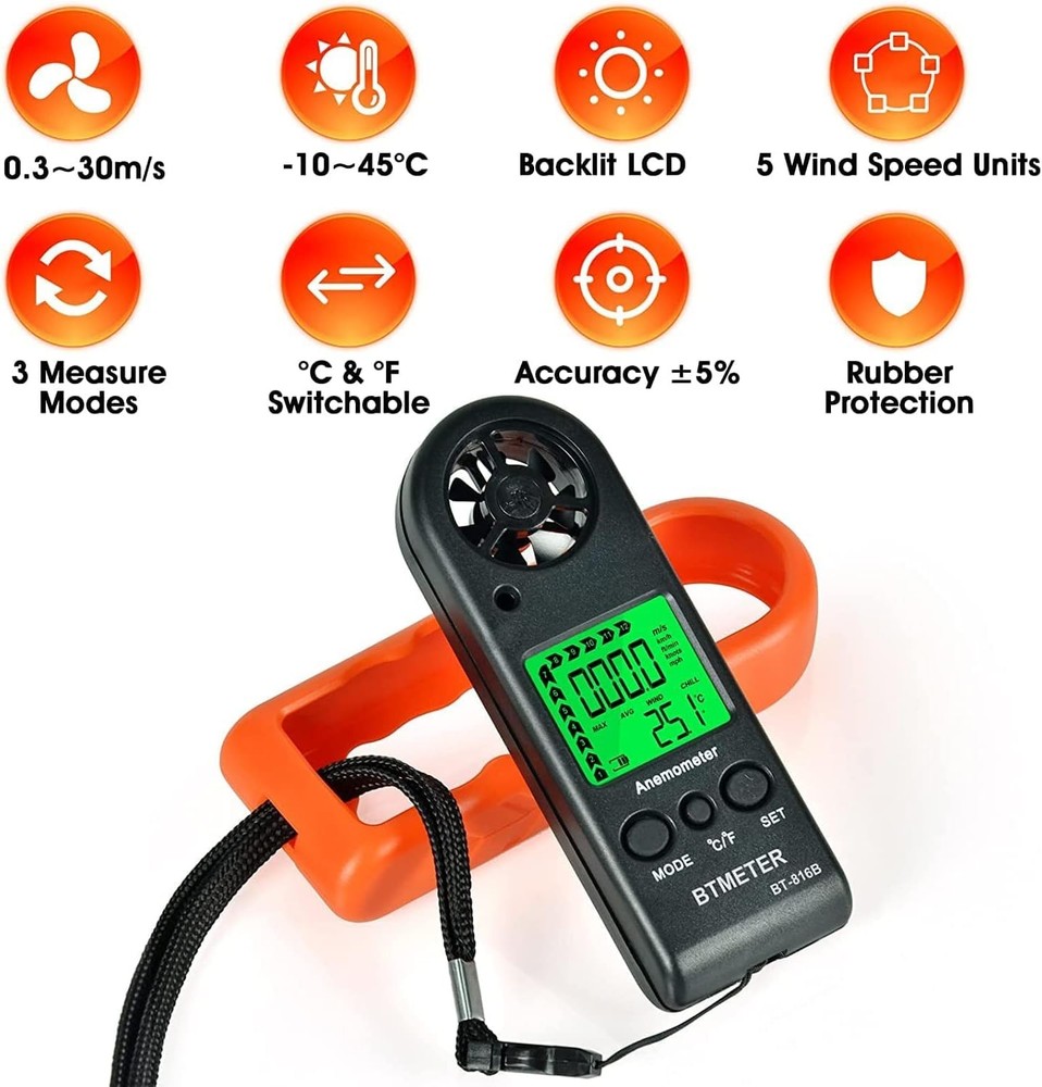 Anemometer Handheld Wind Speed Meter, BT-816B Mini Digital Air Flow Meter wit...