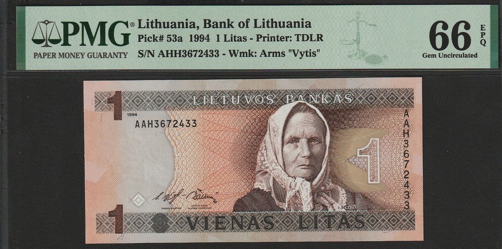 Lithuania 1 Litas 1994 UNC P#53 PMG 66