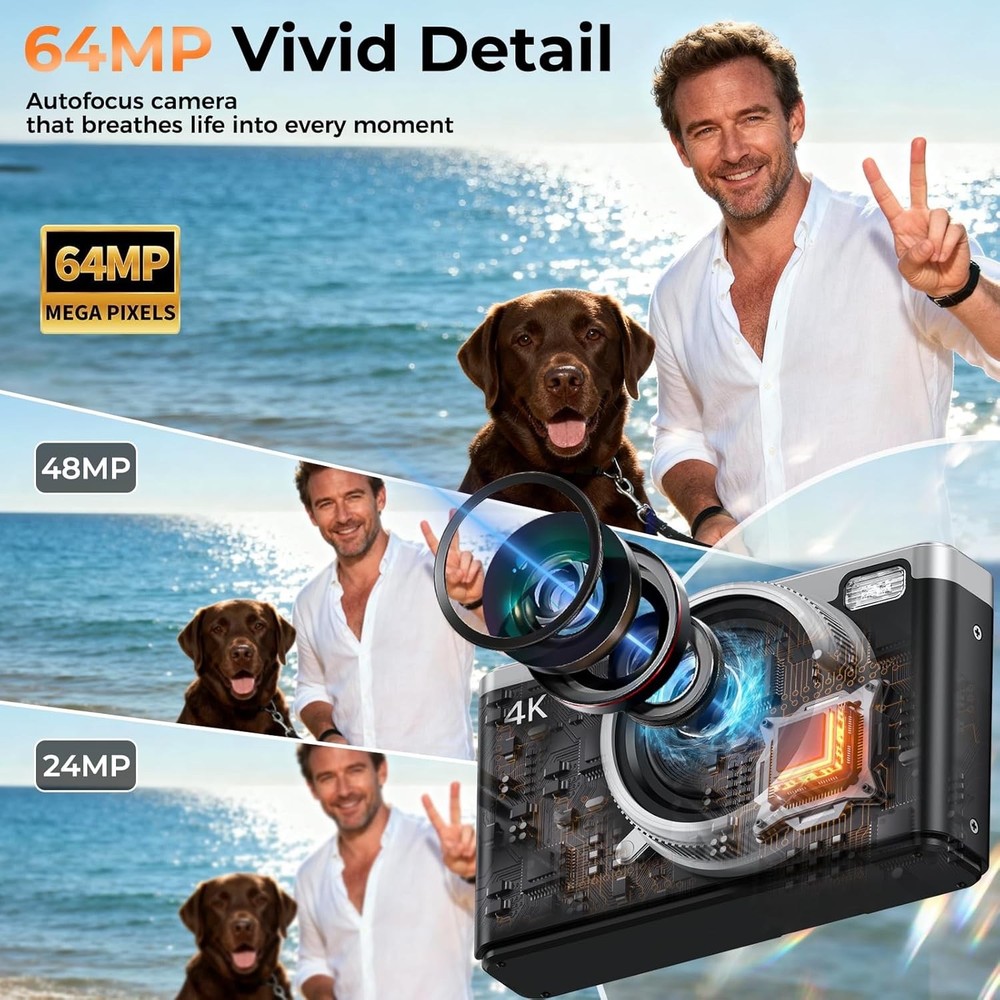 MaxMango Digital Camera, 64MP Autofocus Vlogging Camera for YouTube with 64G