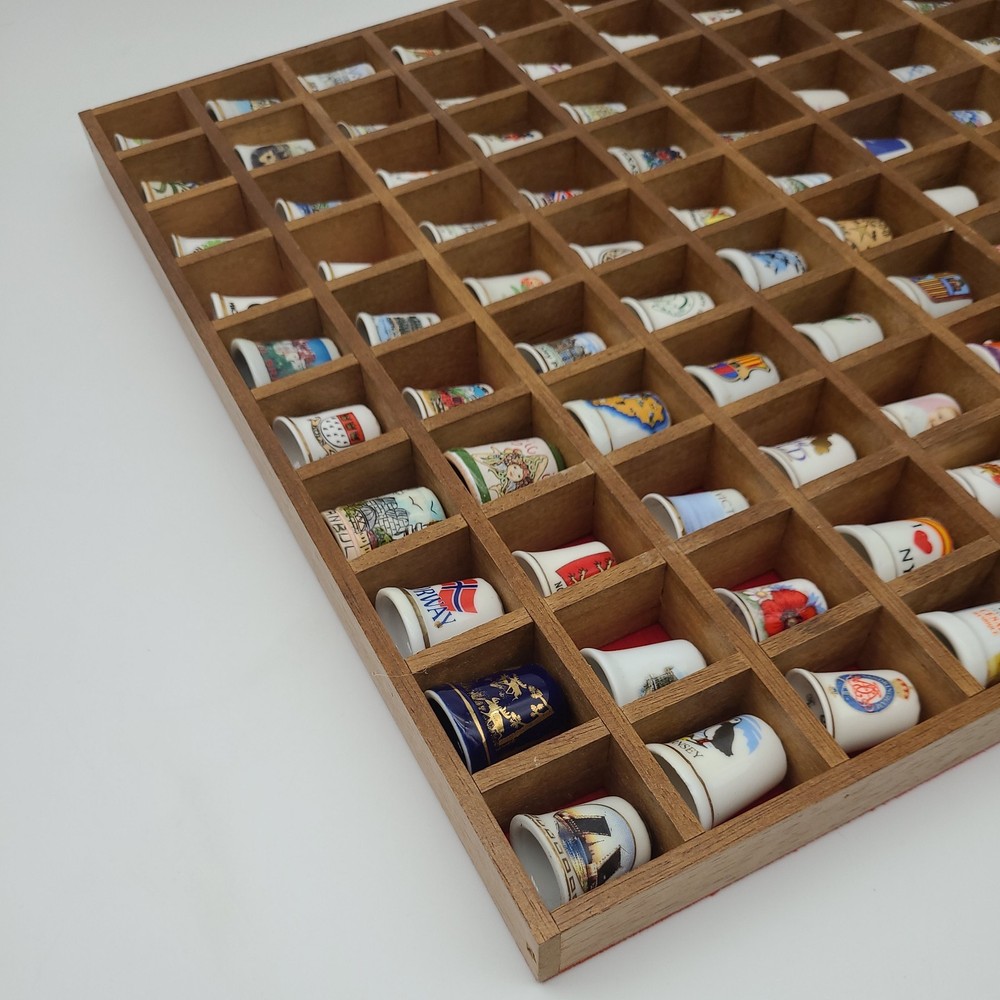 Vintage Thimble Display Case with 100 Mixed Various Thimbles Good Condition