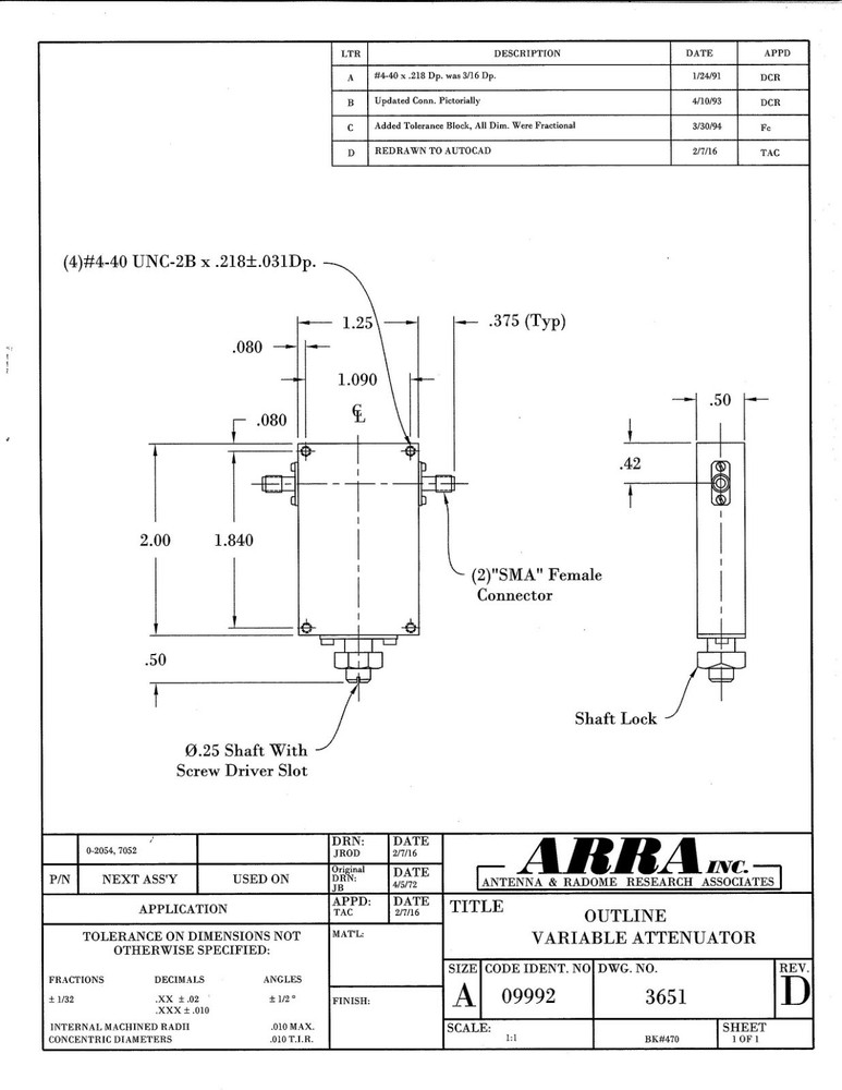 ARRA P5813-20B 20dB Miniature Continuously Variable RF Microwave Attenuator 1059
