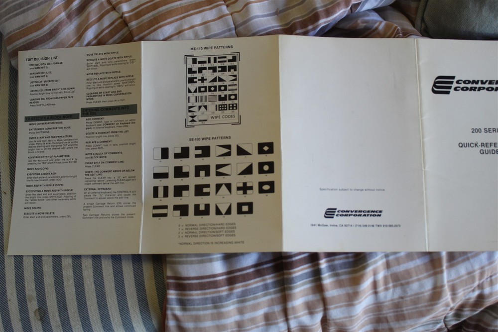 CONVERGENCE CORPORATION 200 SERIES VIDEO EDITOR QUICK REFERENCE GUIDE