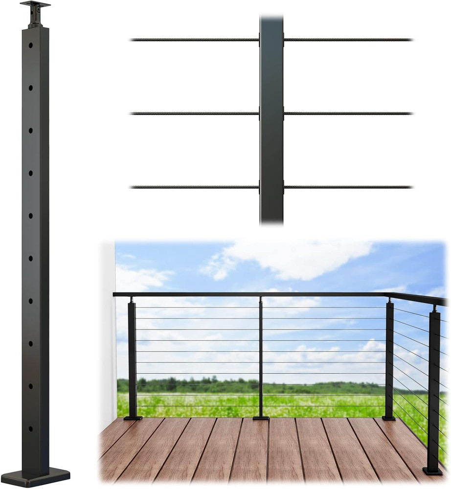 Adjustable 36" Black Stainless Steel Cable Railing Post for Wood & Concrete Deck