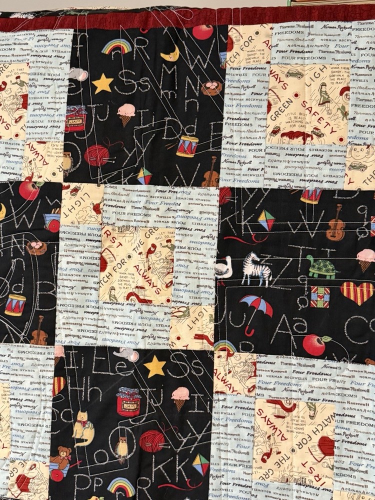 New Patchwork Quilt Throw Blanket Handmade Signed Reversible ABCs Cats 57”x42”