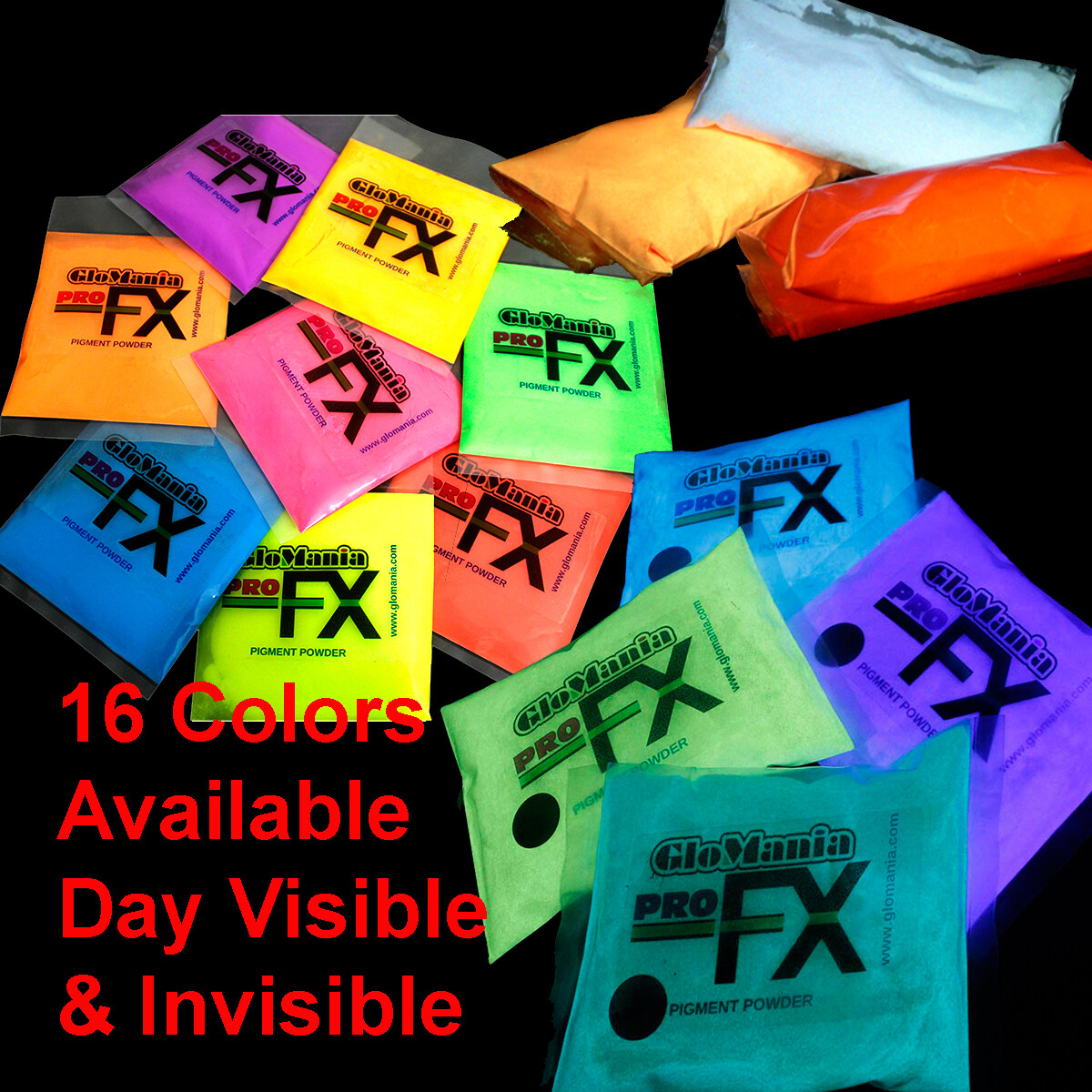 2oz DAY VISIBLE Glow in the Dark PIGMENT POWDERS now available in 12 Neon Colors