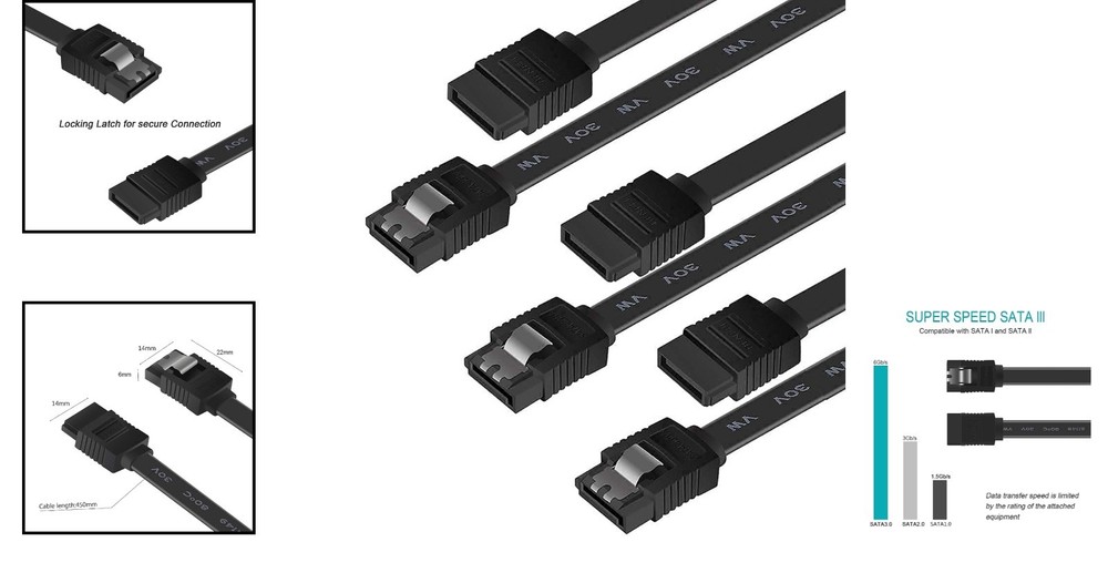3-Pack 18-Inch SATA III Cable - 6 Gbps Data Transfer with Secure Locking Latch