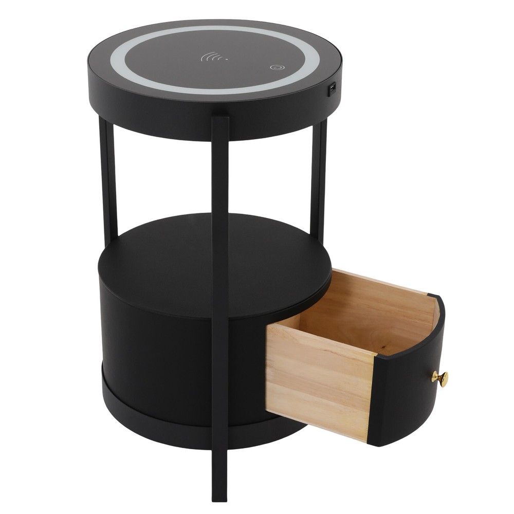 LED Nightstand w/ Black Drawer Side Table with USB & Wireless Charging