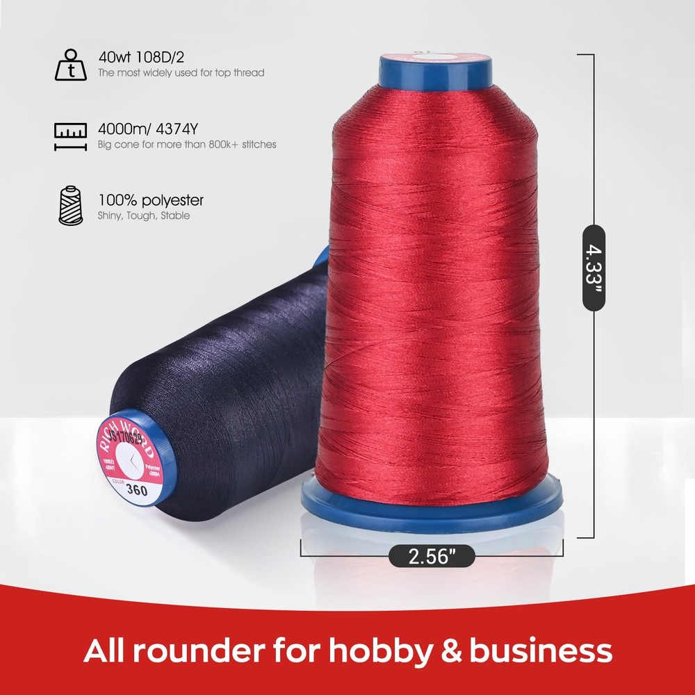 4 Rolls 4000M 40WT Polyester Embroidery Thread 2 Black 1 White 1 Red