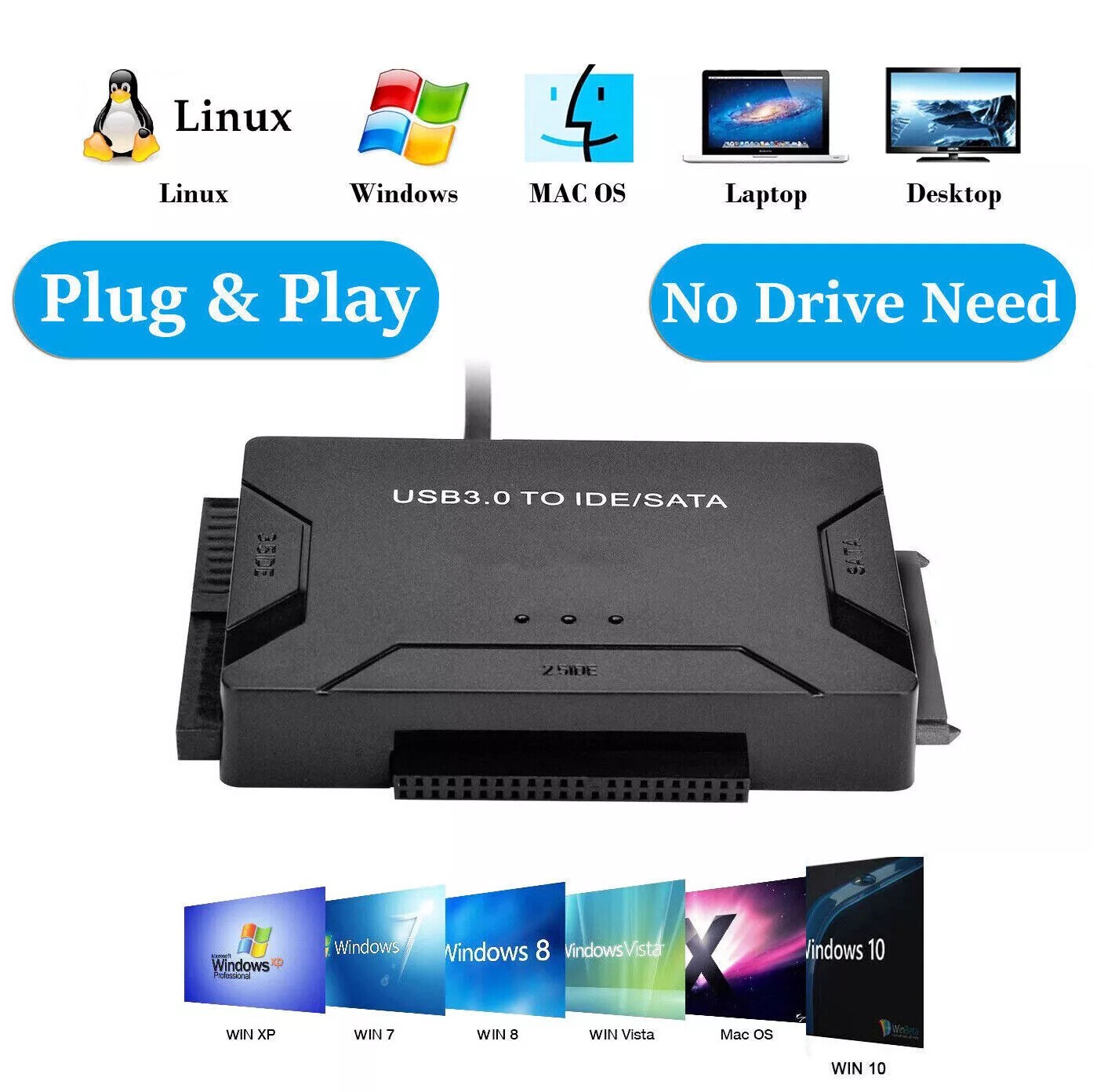 USB 3.0 to IDE & SATA Converter External Hard Drive Adapter Kit 2.5"/3.5" Cable