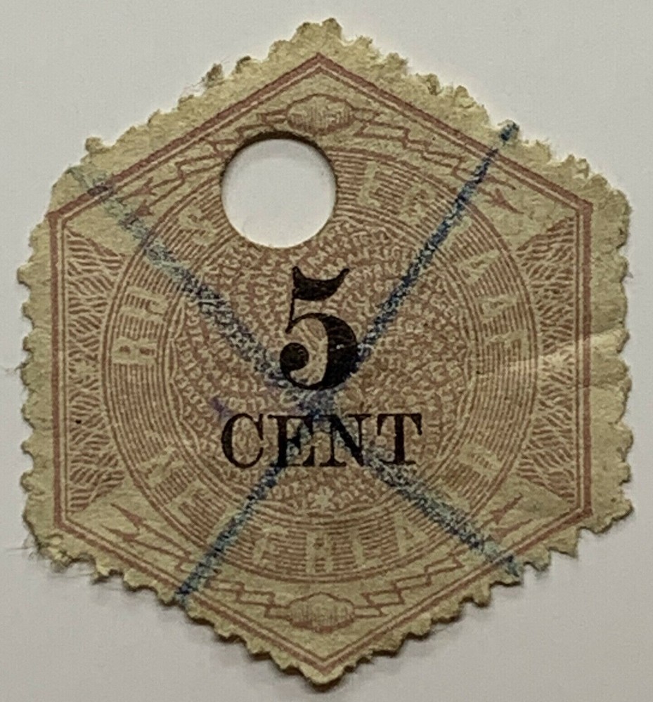 NETHERLANDS 5c TELEGRAPH HEXAGONAL STAMP WITH PUNCH