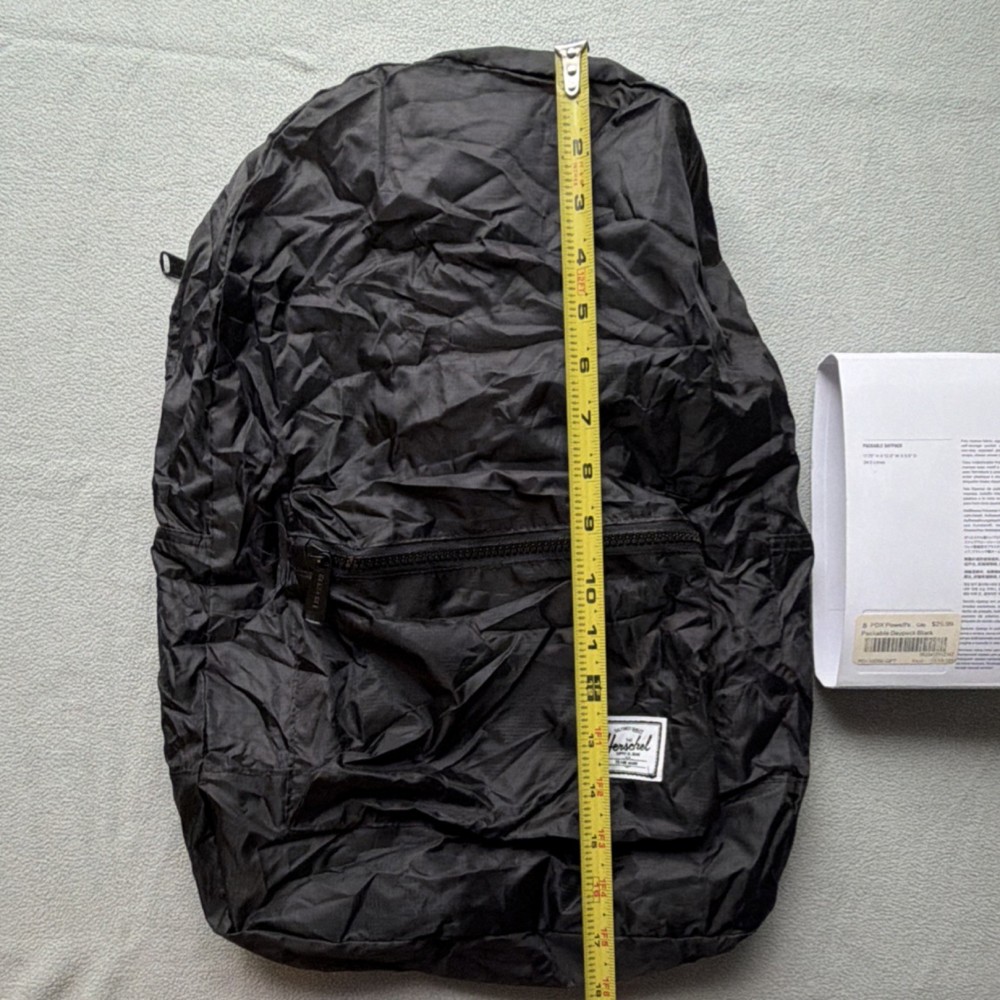Herschel Packable Daypack Black Ripstop Polyester 24.5L Camping Hiking Backpack