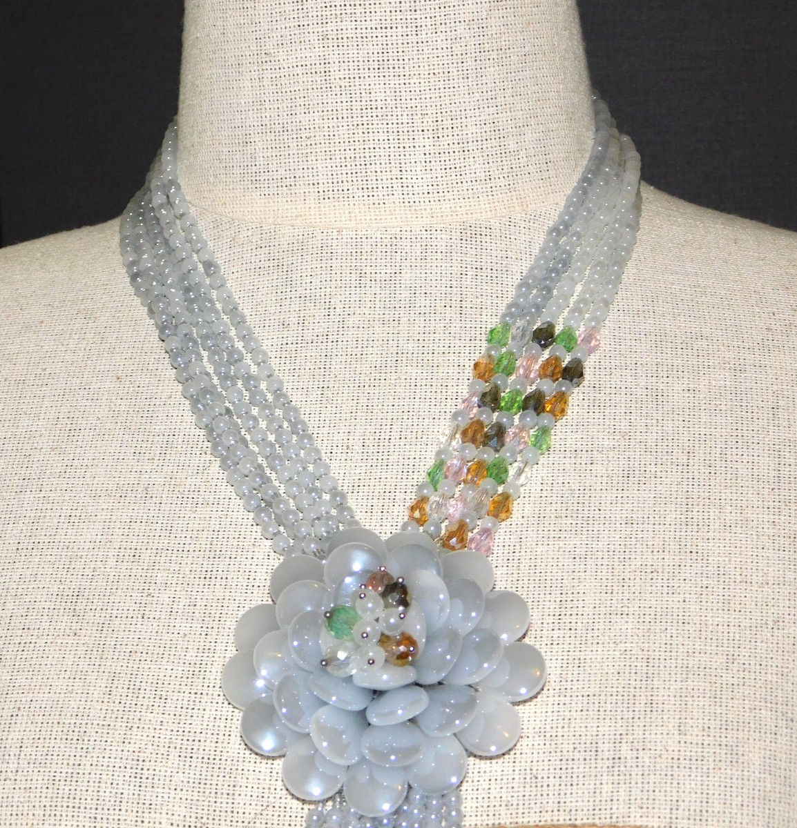 Vintage JOAN RIVERS Blue Gray Starlet Floral Bead Statement Necklace