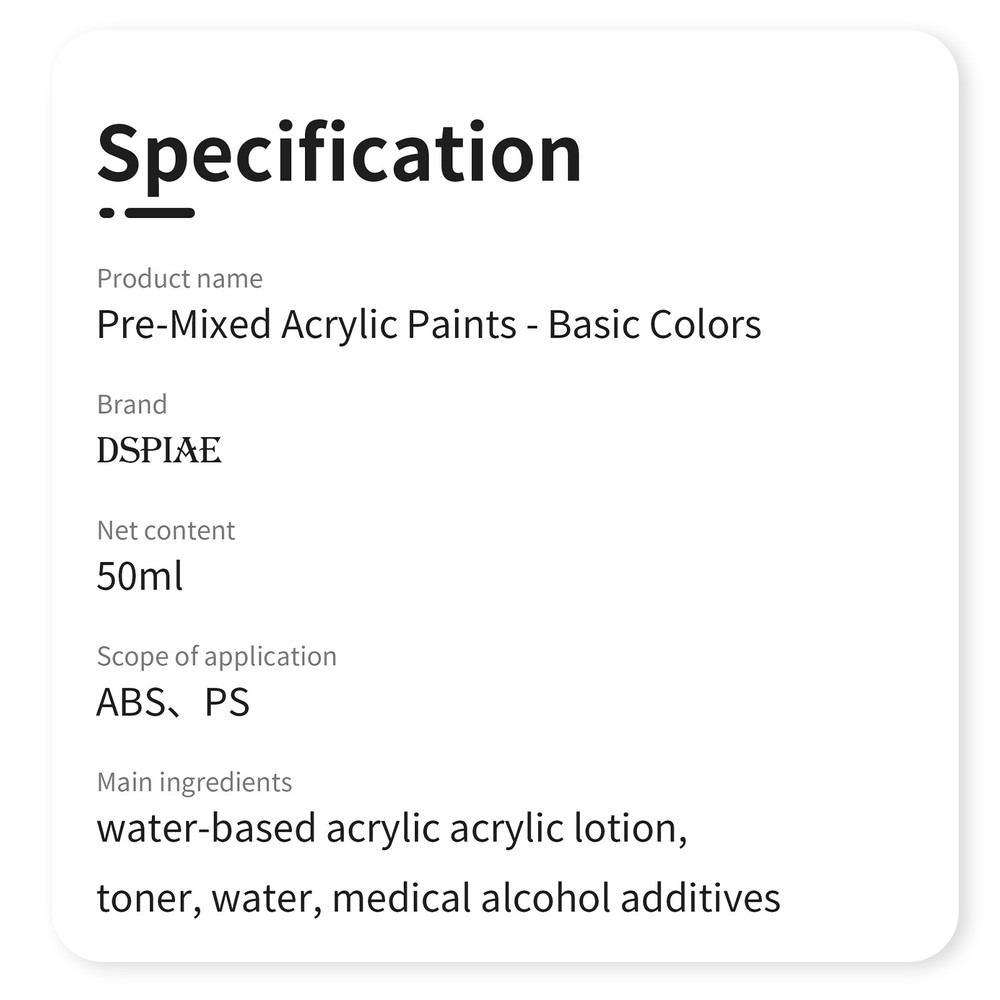 1PC DSPIAE XG Series Water-based Pre-mixed Paint 50ML - Basic Color Master