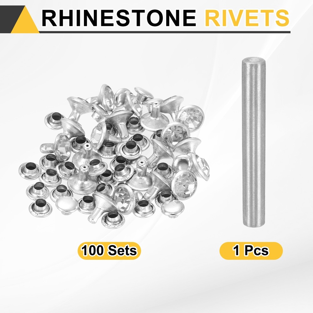100pcs Crystal Rivets 8mm Rhinestone Stud with Installation Tool, Silver Clear