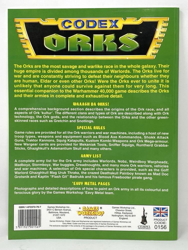 RARE OOP GW Warhammer 40K Codex Orks (2nd Ed) 1994
