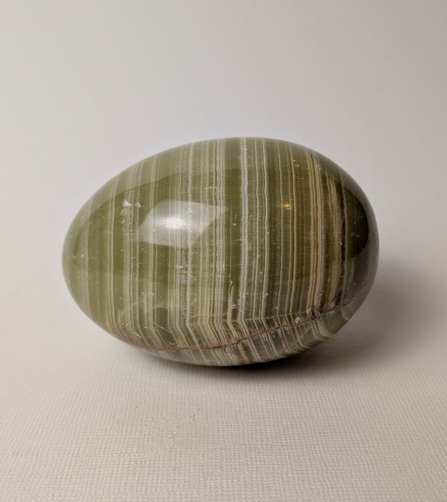 Vintage Polished Stone Egg – Olive Green w/ Natural Stripe Pattern – 2.75" Wide